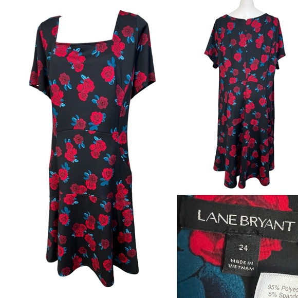 Lane Bryant Dresses & Skirts - Lane Bryant dress plus Size 24 Fit & Flare Black Floral Formal knee length -5
